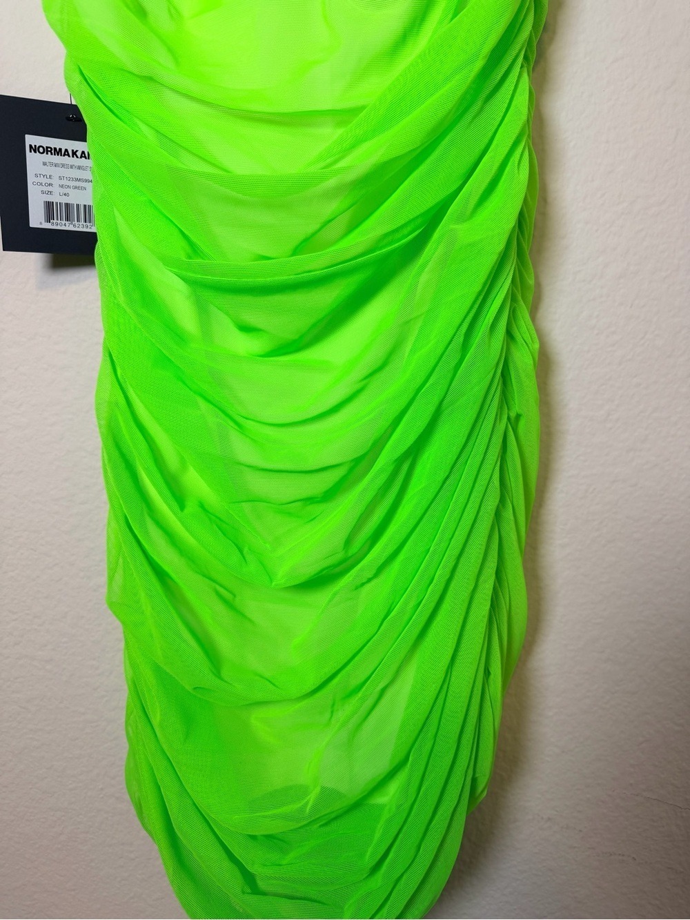 NWT Norma Kamali Walter Ruched Mesh Mini Dress Neon Green L - Picture 5 of 8